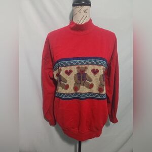 Vintage Nucleus Red Sweater W Teddy Bears & Hearts. Size Medium Mock/Turtleneck